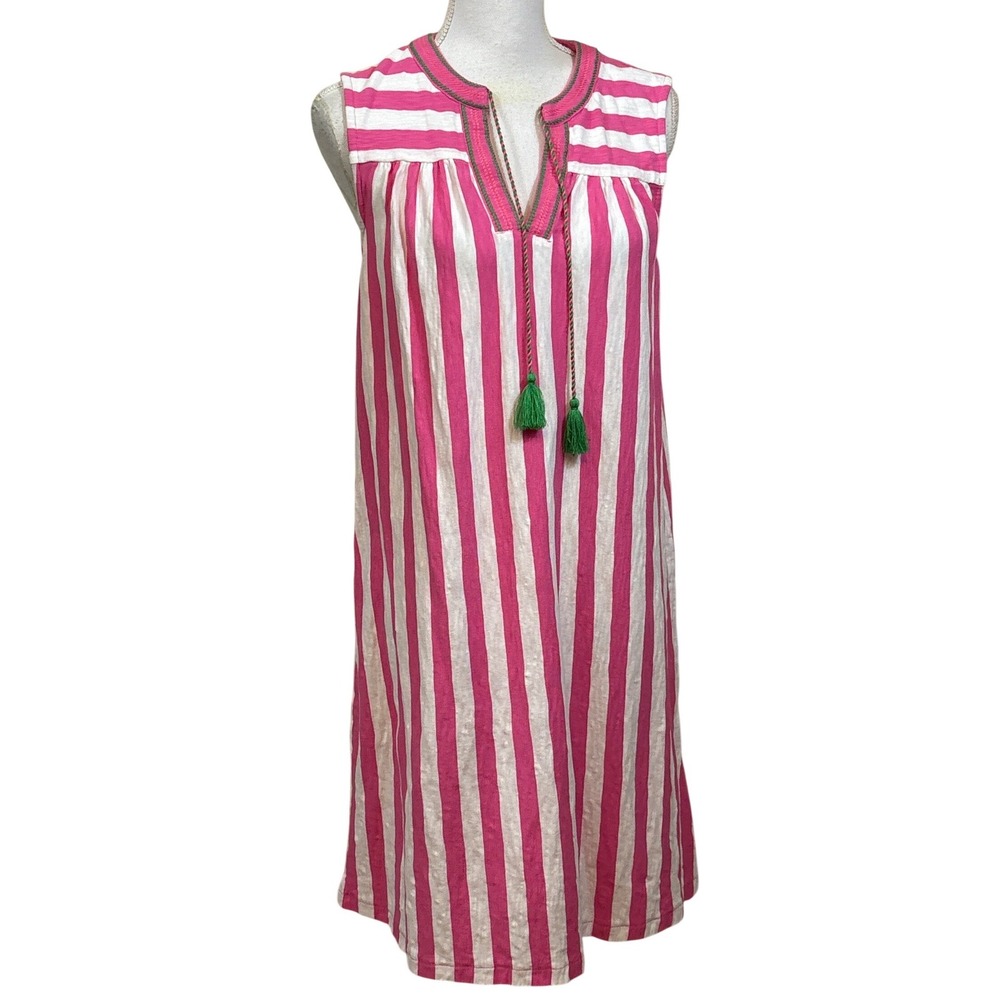 Boden Pink and White Striped Sleeveless Tassel Dress with Green Accents